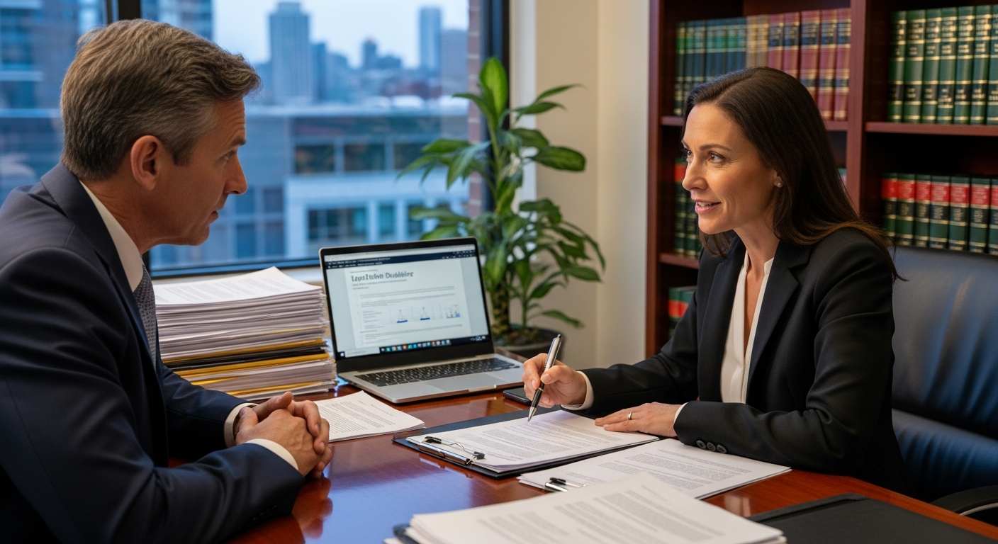 Attorney consulting with client in meeting