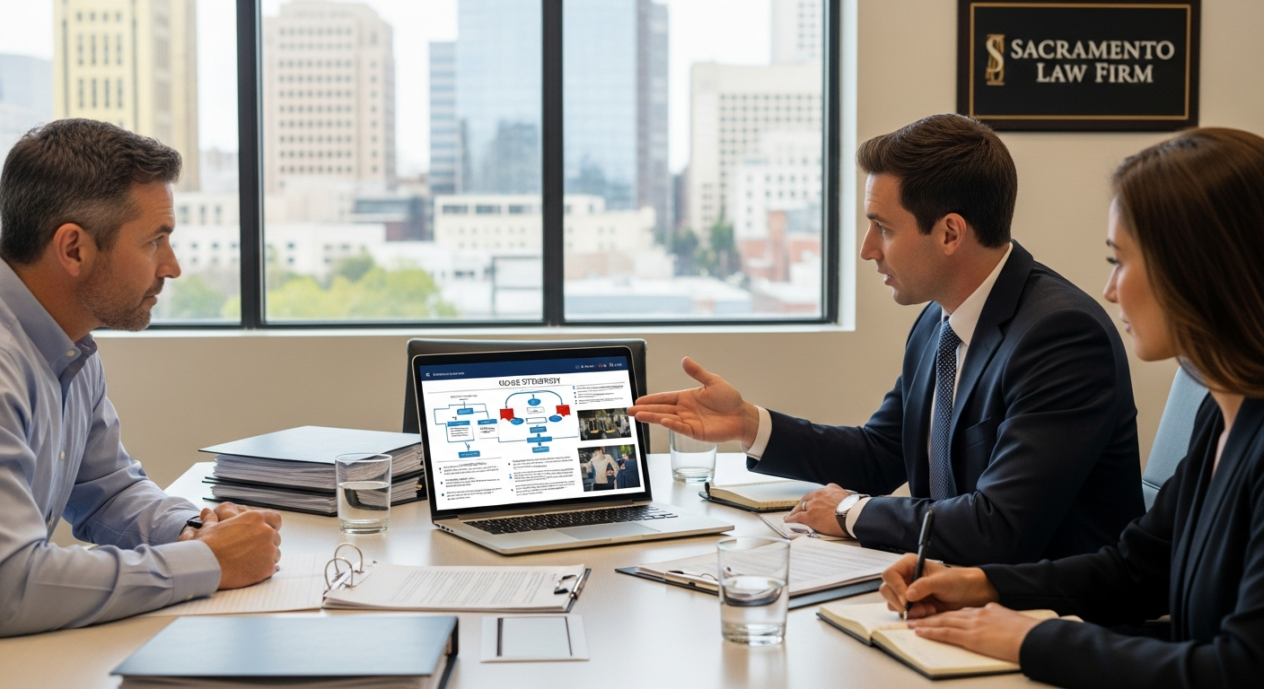 Attorney presenting case strategy to clients