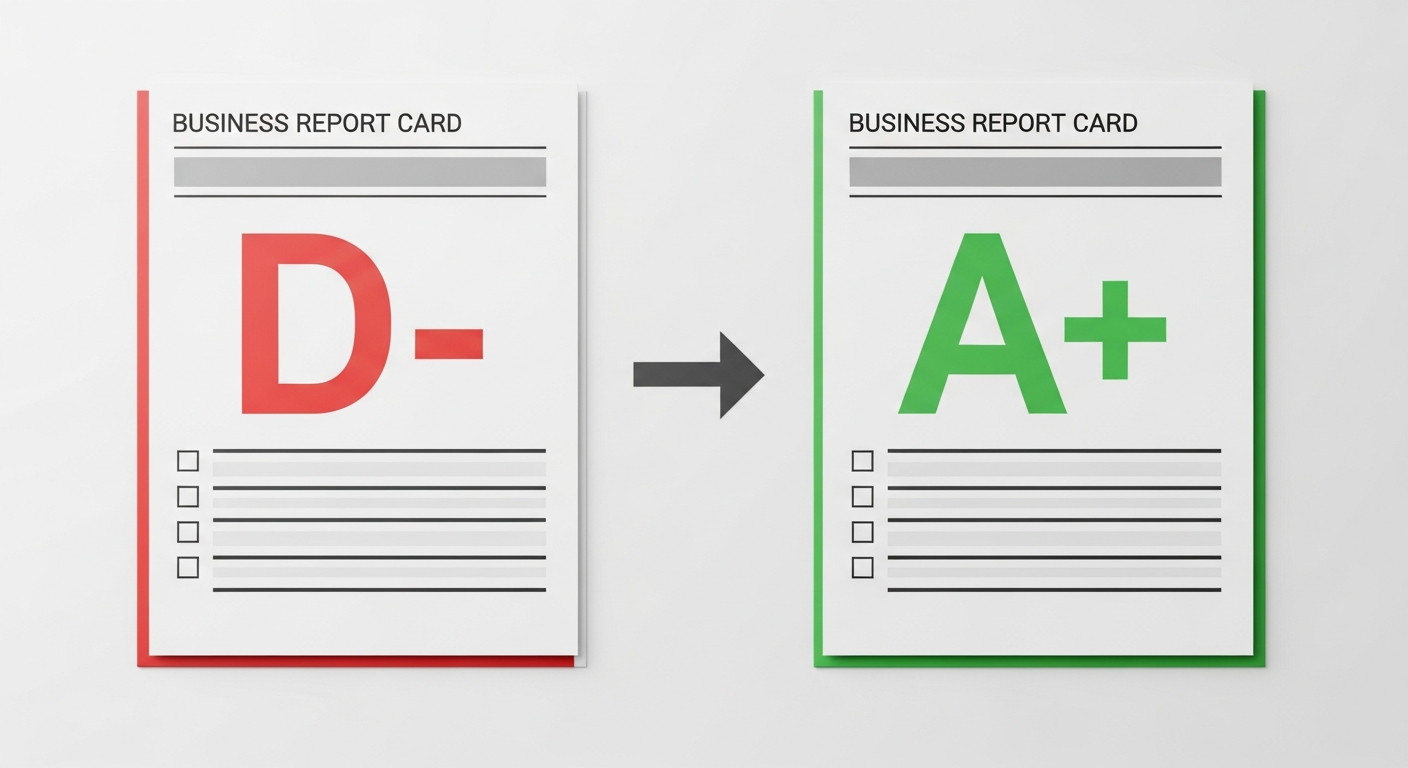 AI Visibility Report Card showing improvement from D- to A+