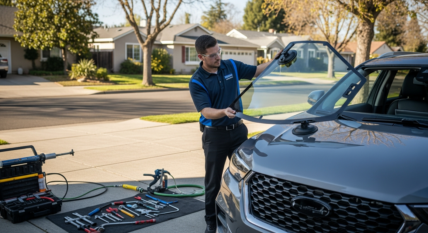 Mobile auto glass technician replacing windshield in Sacramento CA