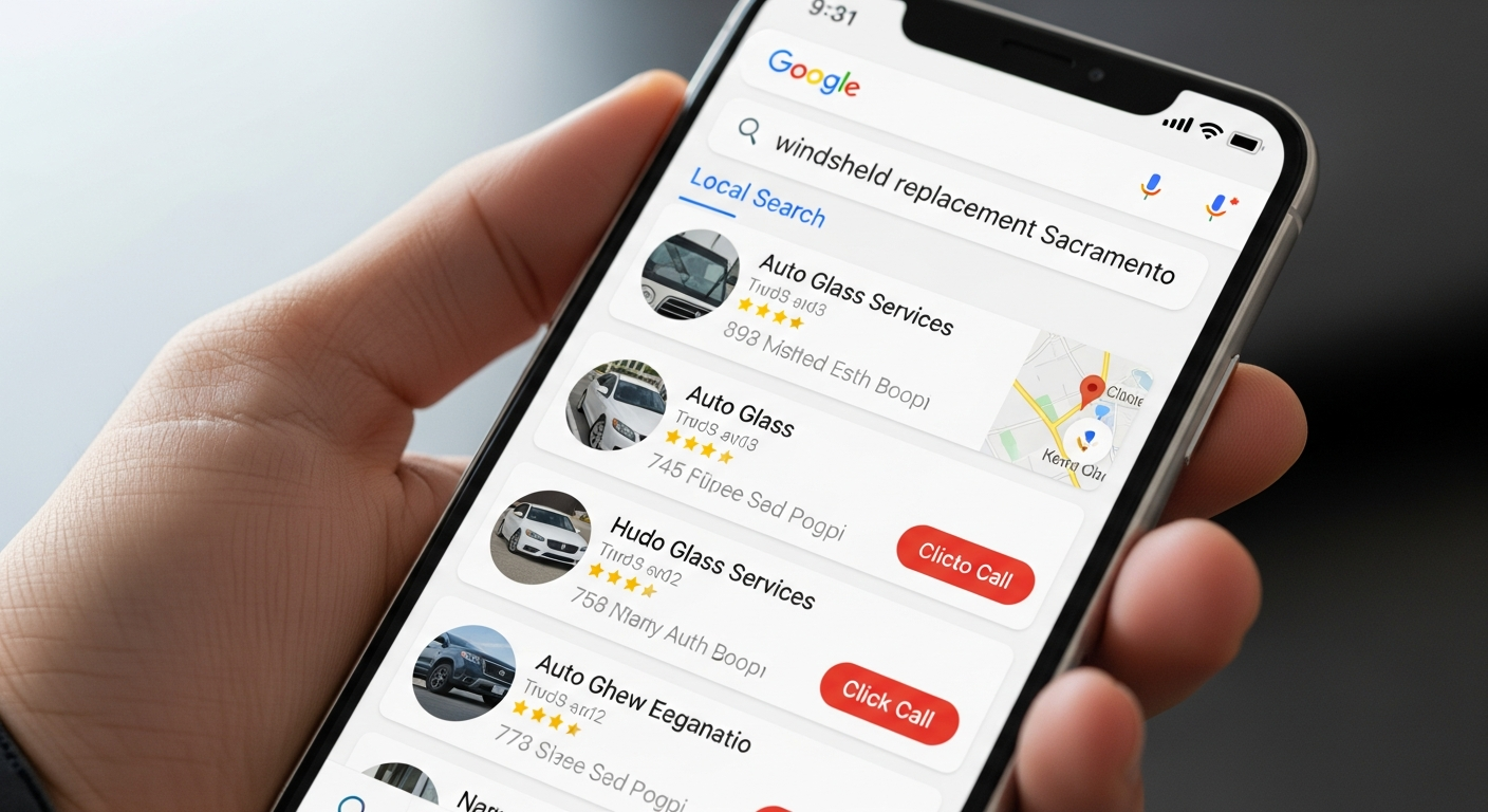 Mobile phone searching for auto glass services