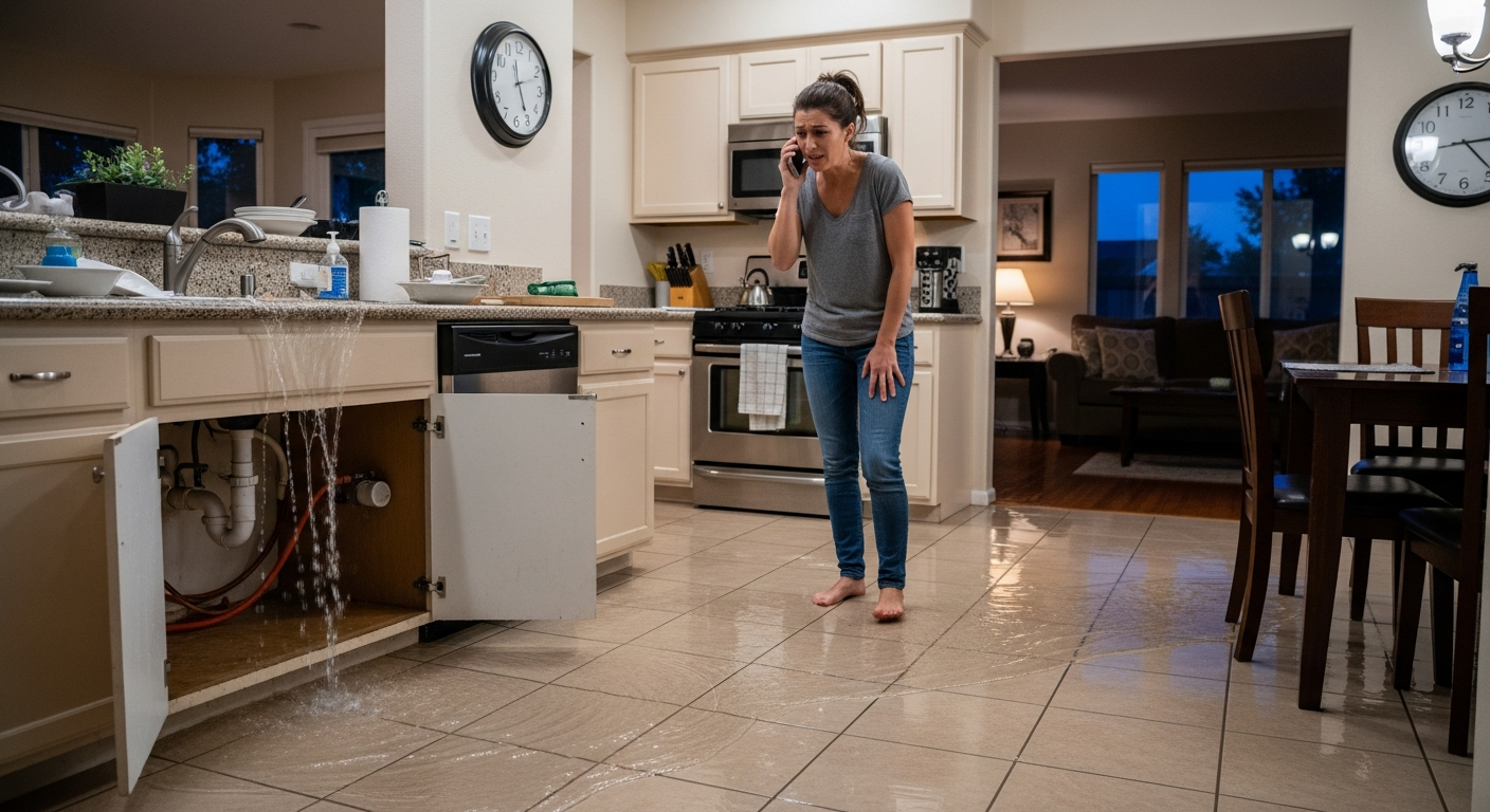 Emergency plumbing situation with water flooding kitchen