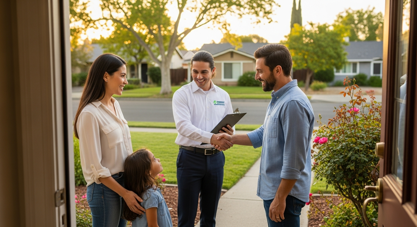 Happy homeowner with pest control technician after service