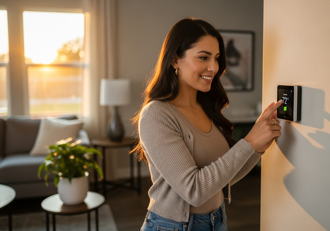 Homeowner adjusting smart thermostat in Sacramento home