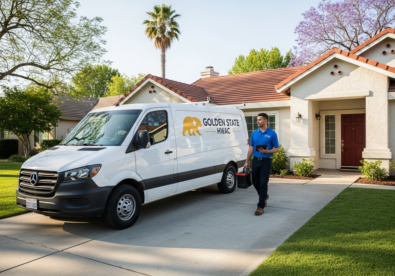 HVAC service van in Sacramento residential driveway