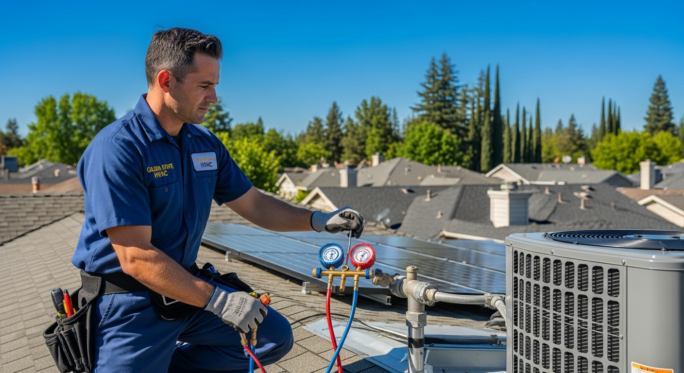 HVAC technician working on air conditioning unit in Sacramento CA