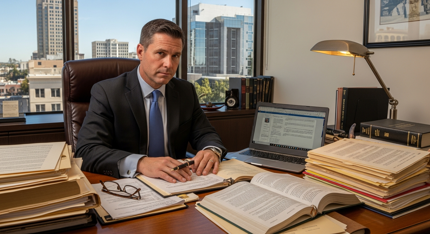 Lawyer reviewing legal documents and case files