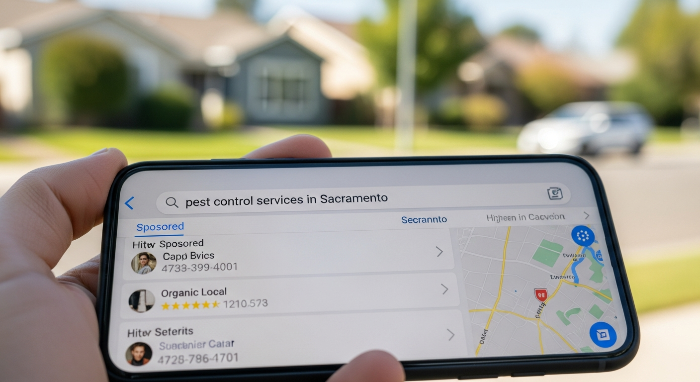 Mobile phone searching for pest control services