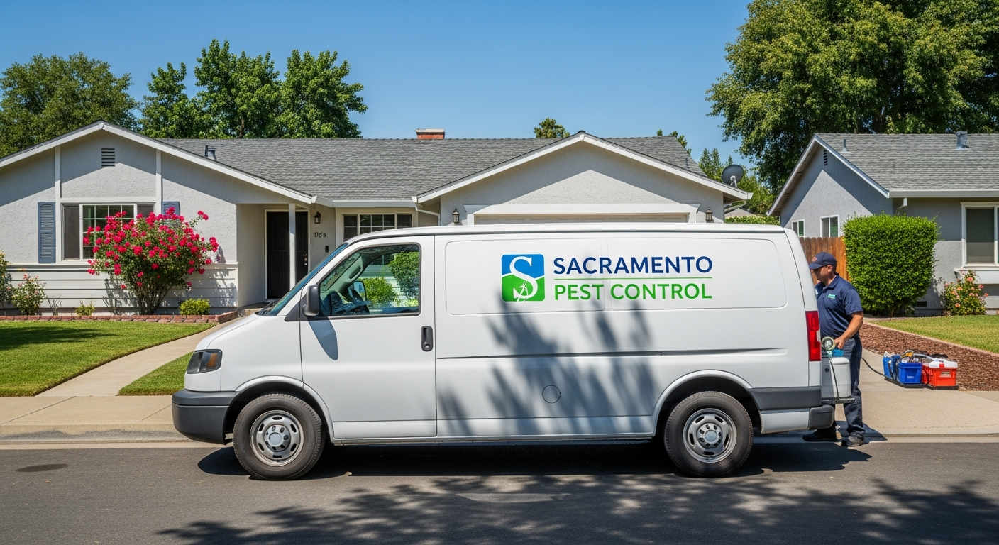 Pest control service van in Sacramento California neighborhood