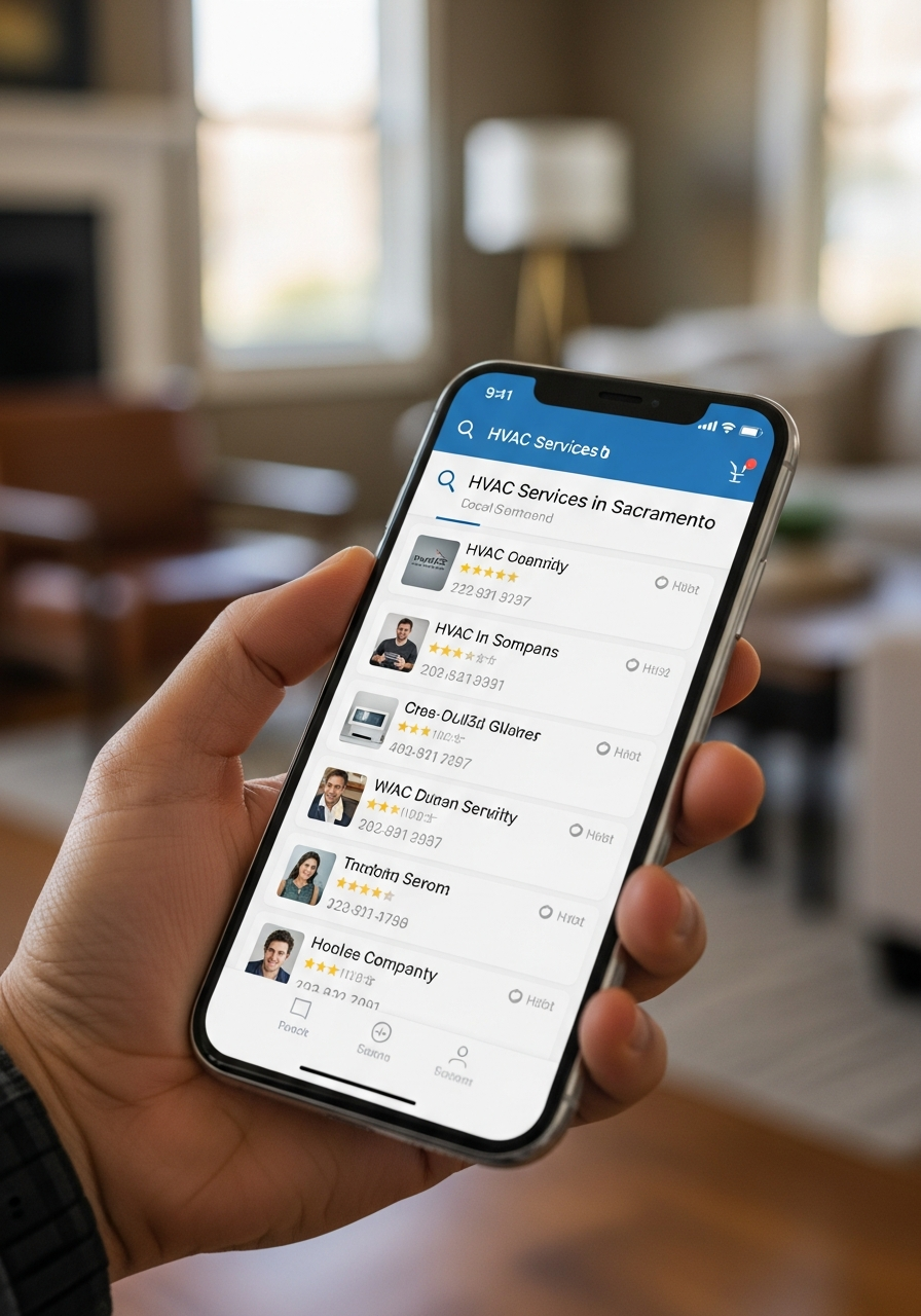 Mobile phone searching for HVAC services in Sacramento