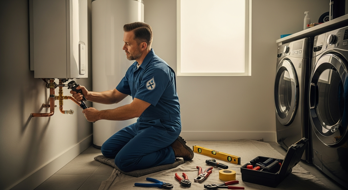 Professional plumber installing water heater in Sacramento CA home