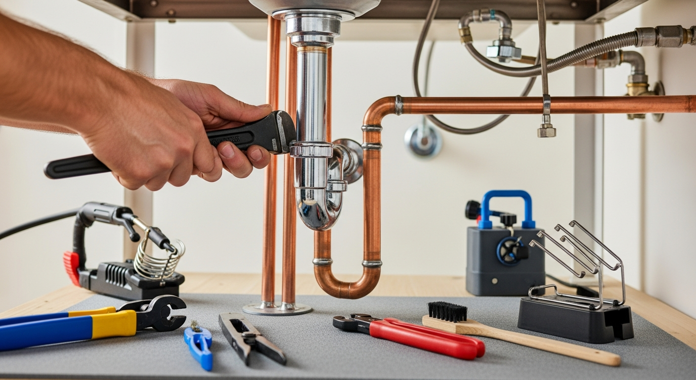 Professional plumber working on pipes under kitchen sink