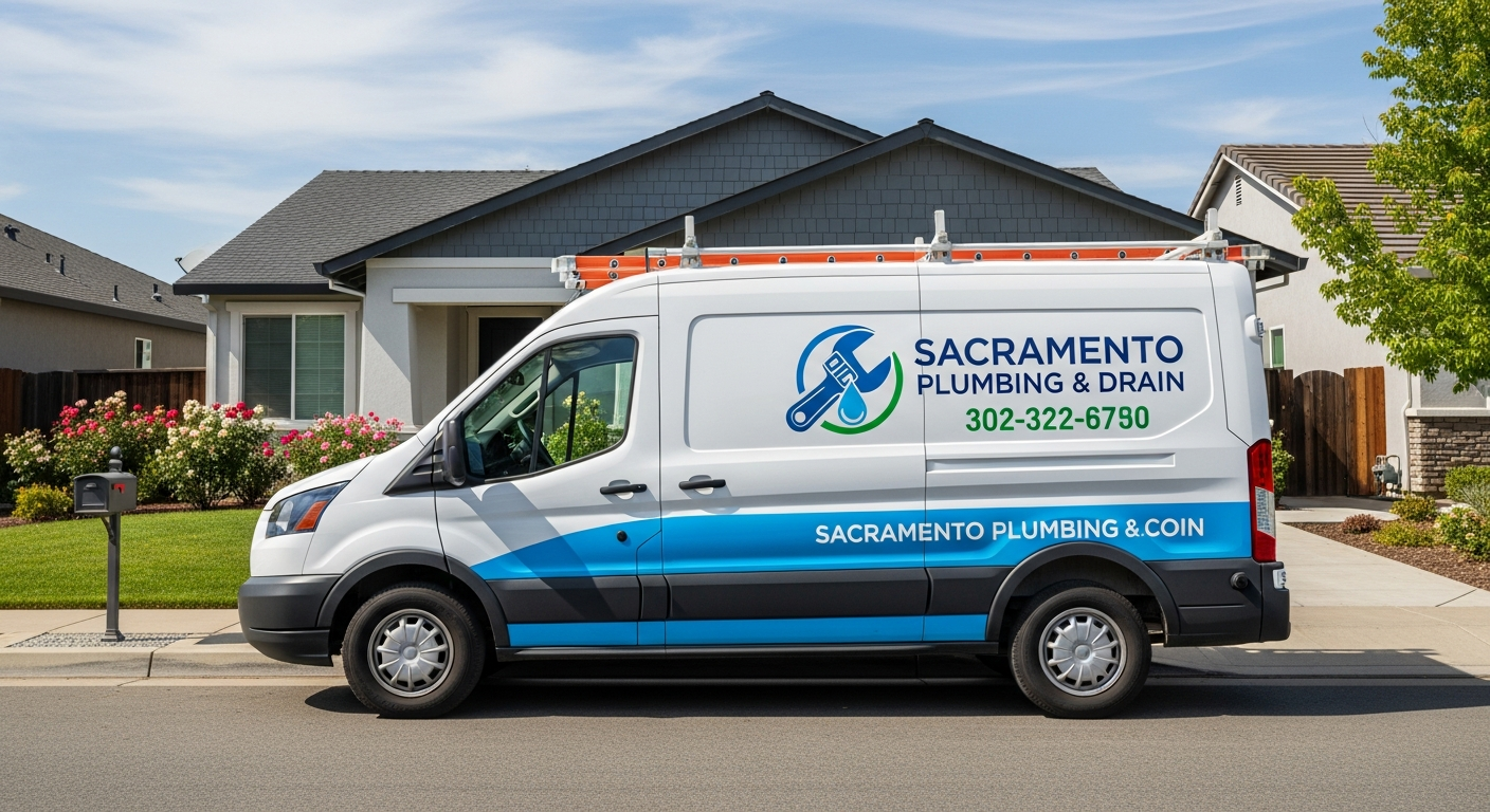 Plumbing service van in Sacramento California neighborhood