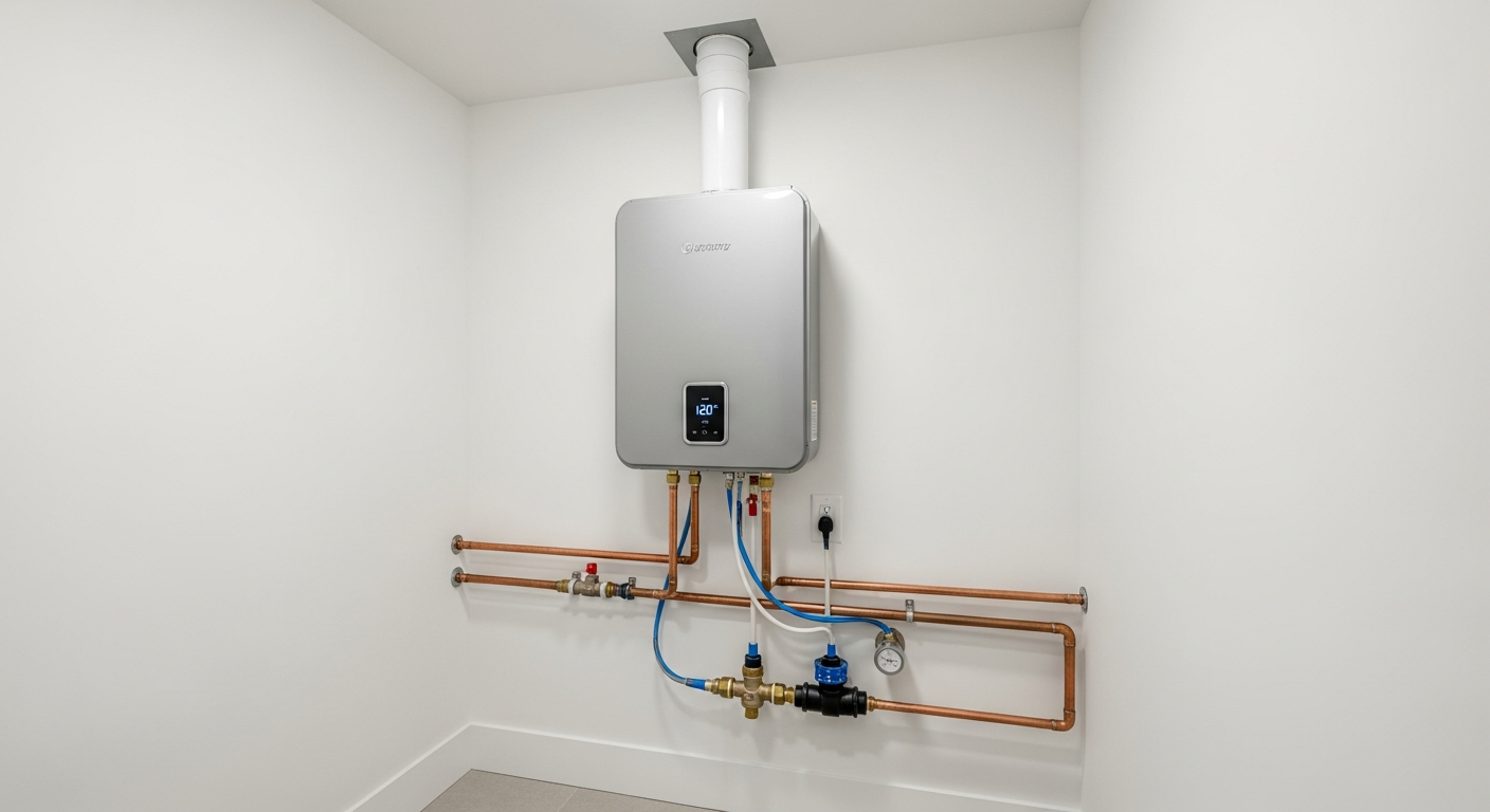 Modern tankless water heater installed in Sacramento home