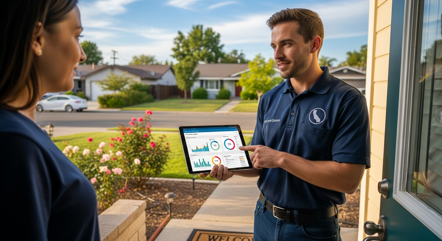 Pest control technician showing treatment plan on tablet