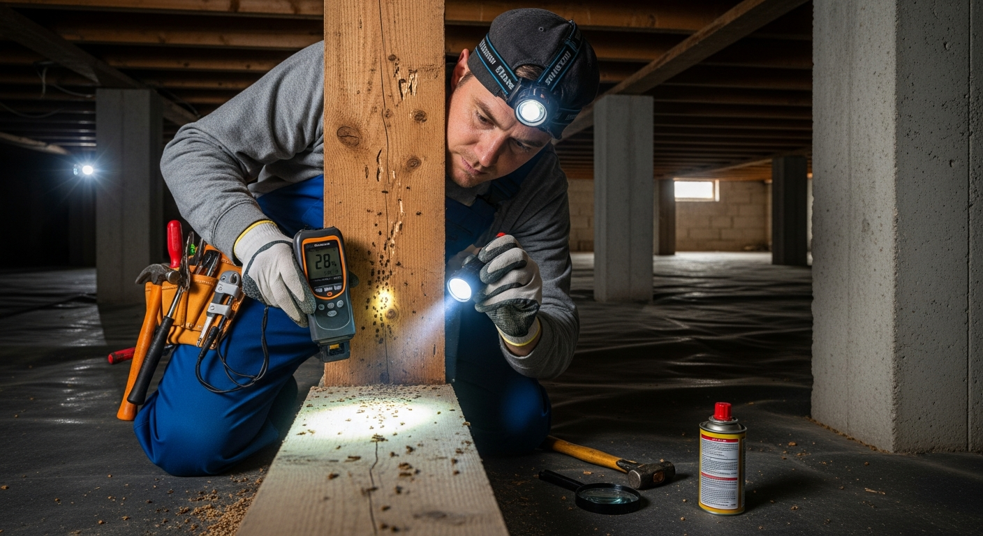 Professional termite inspection with moisture meter